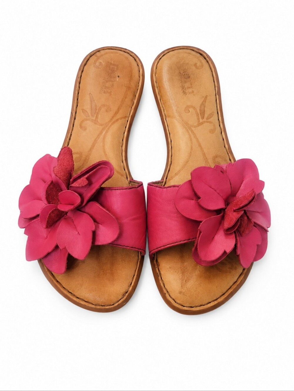 Born Pink Leather Flower Slide Sandals Women's Size 6M Comfort Flats